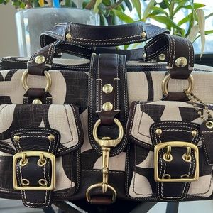 Coach Mandy 65 Anniversary Legacy Satchel Bag Buckle Pockets Khaki Gold Leather